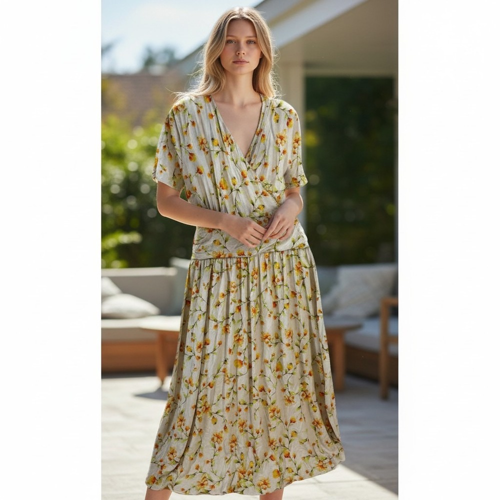 WEACZZY Womens Floral V-Neck Short Sleeve Faux Wrap Midi Dress with Pockets XL